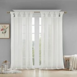 Discount 👍 GwG Outlet Madison Park Floral Twist Tab Top Window Panel Embellished W/ Flower In White 🎉